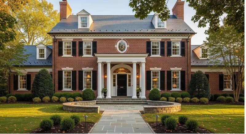 Red brick colonial custom home with white columned portico