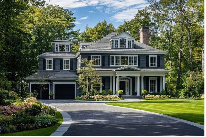 A navy shingle colonial with driveway
