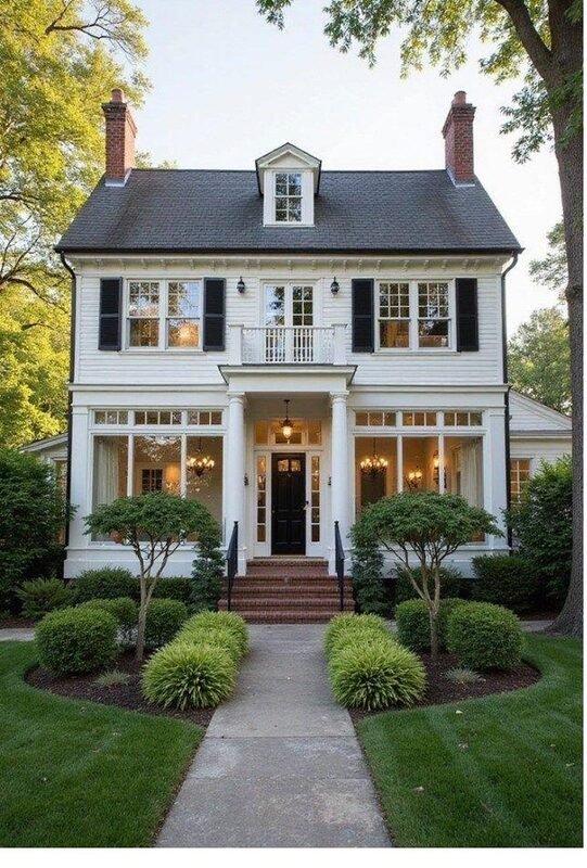 A white colonial with dormer and columned entry