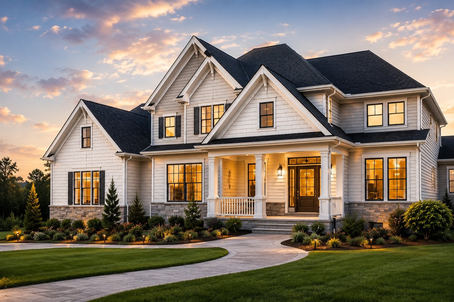 A custom home in New Jersey at dusk with warm interior lighting and a covered front porch