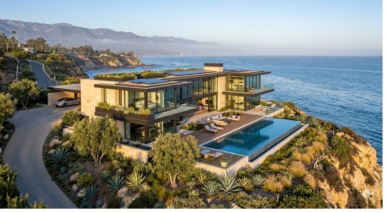 A modern custom home on an ocean cliff