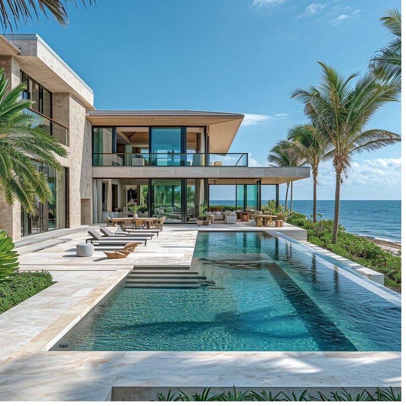 A modern home with a pool overlooking the ocean