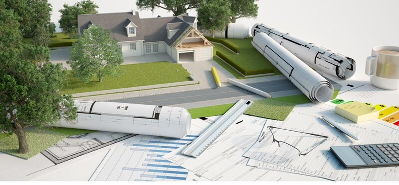 Blueprints with a scale house model