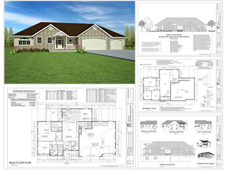 A ranch home rendering with plans